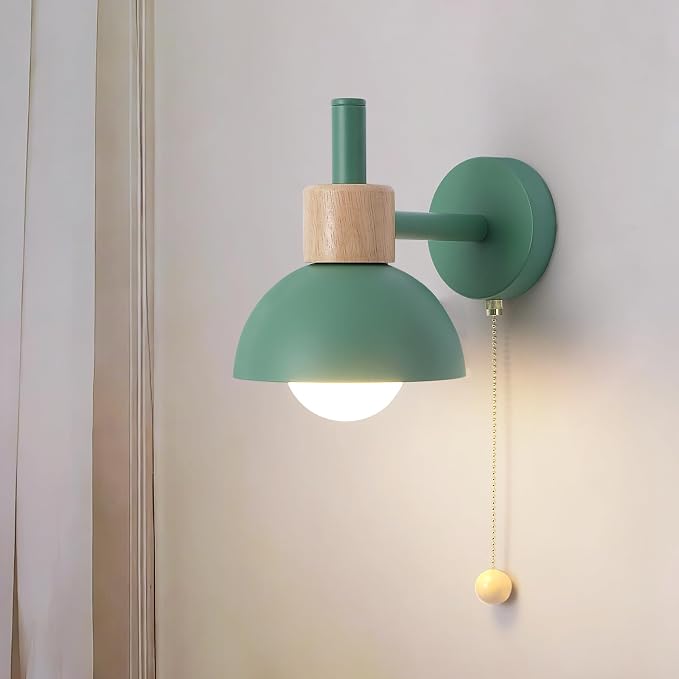Pull Chain Wall Sconce for Bedroom, Vintage Bedside Wall Lamp with E26 Socket, Wall Lighting for Kids Room Hallway Boys Girls (Green)