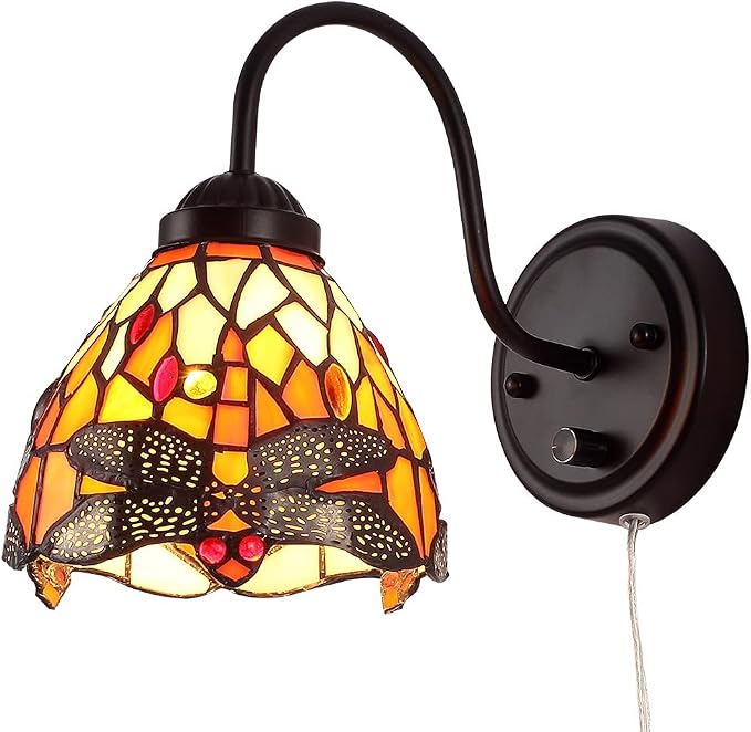 Tiffany Bedside Wall Mount Lamp with Dimmable Switch, Industrial Vintage Gooseneck Wall Sconce with Plug in Cord, Dragonfly Stained Glass Shade Wall Light Perfect for Bedroom, Living Room