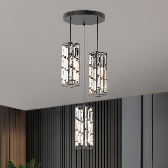 Modern 3-Light Crystal Pendant Light Fixture Kitchen Island, Black | Mini Crystal Chandeliers, Height Adjustable Cord, Ceiling Hanging Lighting for Kitchen Island Dining Room Bedroom