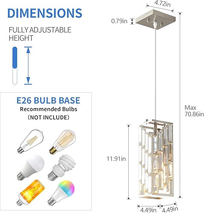 Brushed Nickel Pendant Lighting Modern Pendant Light, Mini Crystal Chandeliers, Adjustable Pendant Light Fixture for Kitchen Island Dinning Room Bedroom (2 Pack)