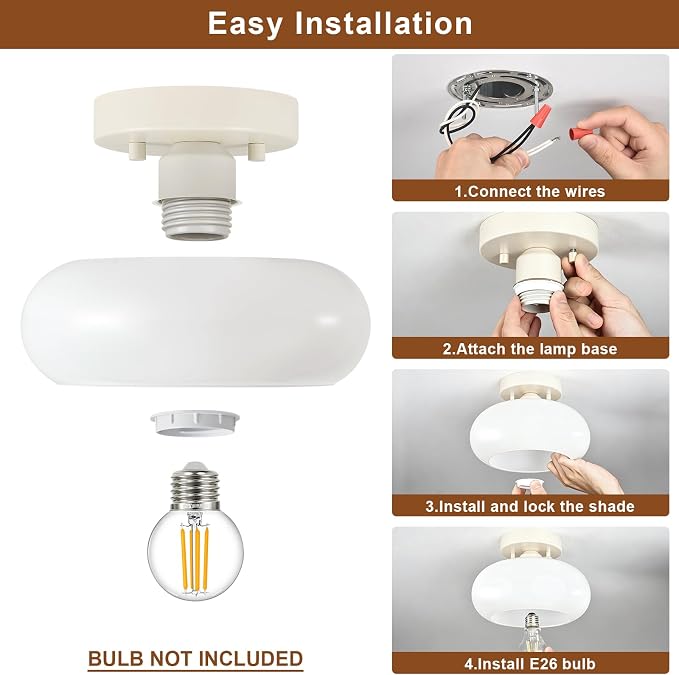 WOKNOS Mid-Century Modern Cream White Semi Flush Ceiling Light 11.0 Inch | Small Glass Shade Close to Ceiling Lighting Fixture Kitchen Entryway Hallway Bathroom Closet Bedroom Laundry Room