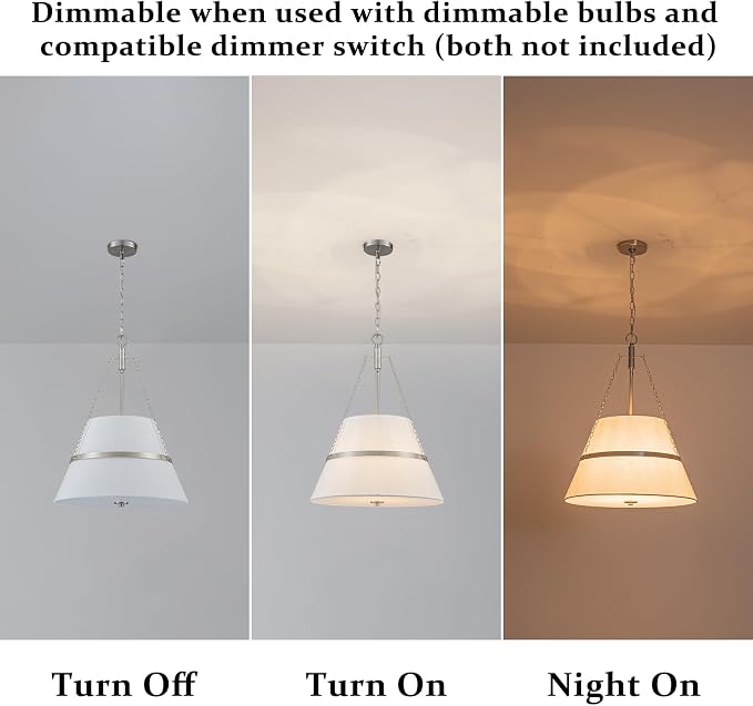 20" Brushed Nickel Drum Chandelier for Dining Room Linen Pendant Light | Modern Transitional, Large Fabric Drum Design, 4-Light, 3 Side Chains, for Kitchen Island,Adjustable Height,19.69"W × 26.38"H