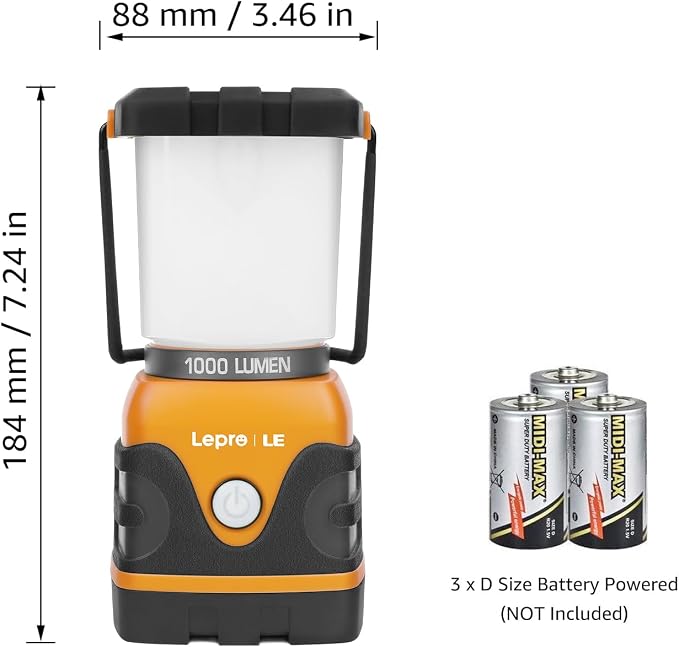Lepro 1000LM Battery Powered LED Camping Lantern with 4 Light Modes, Orange | Waterproof Tent Light, Camping Essentials, Lantern Flashlight for Camping, Emergency Light, Power Outages, Not Rechargeable