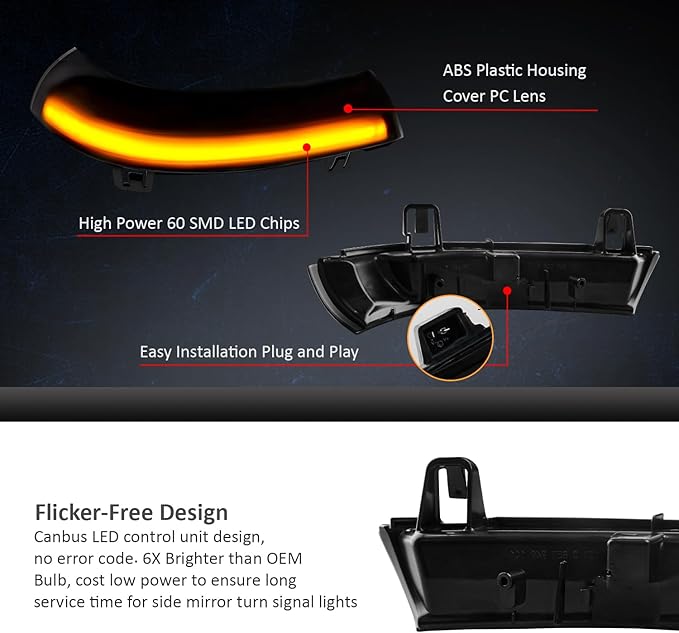 D-Lumina Sequential LED Side Mirror Turn Signal Lights Smoked Lens for VW Golf 5 EOS GTI Jetta MK5 Passat B5.5 B6 R36 Sharan Skoda Superb B5, Dynamic Indicator Mirror Marker Blinker Light, Pack of 2