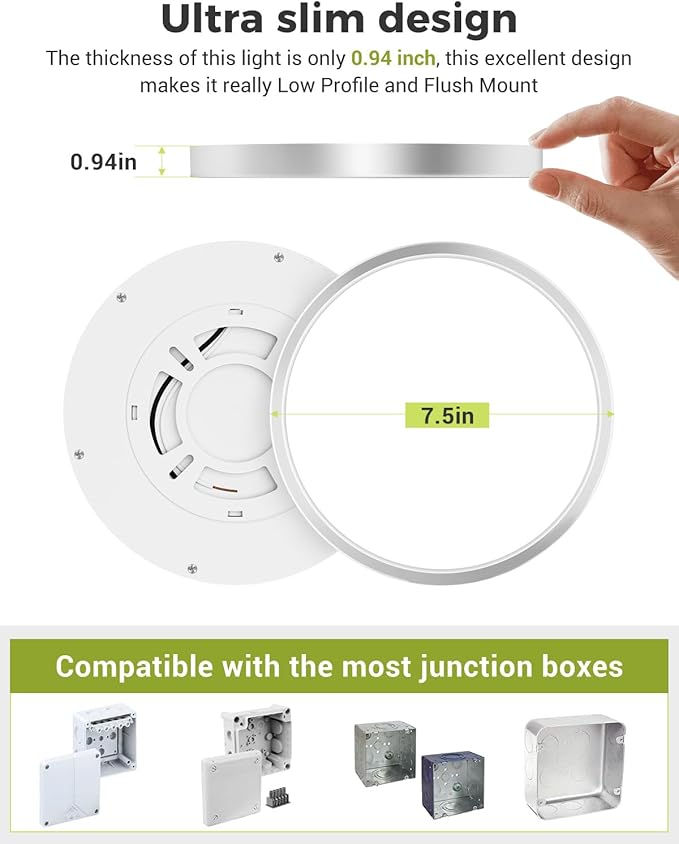 hepside 1PACK LED Flush Mount Ceiling Light, 3CCT Selectable 3000K-4000K-6500K & 100W Equivalent Modern Kitchen Recessed Ceiling Lamp 15W 1500Lm 7.5 Inch for Bathroom Closet Laundry Bedroom