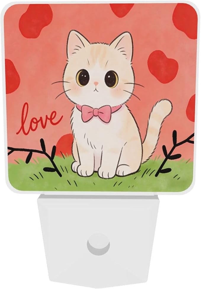 Love Heart Cute Cat Kitten LED Plug-in Night 2 Lamp, Auto Sensor Nightlights Adults for Bedroom Bathroom Set of 2