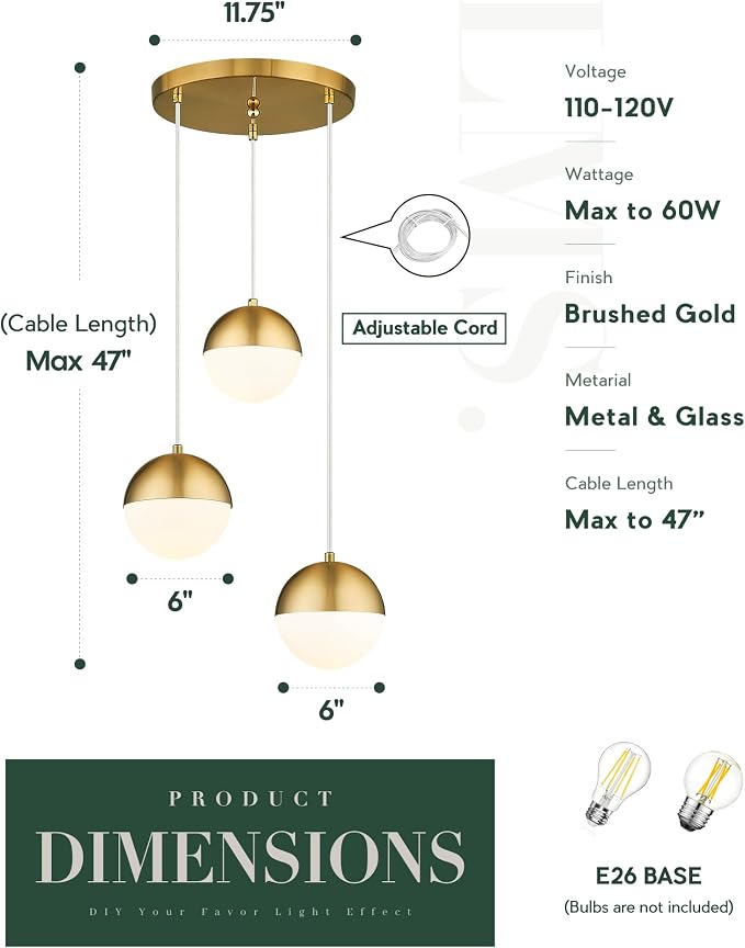 Brushed Gold 3-Light Cluster Pendant Lights, Modern Kitchen Island Lighting with White Globe Glass Shade, Adjustable Hanging Cord Ceiling Light for Bathroom Bedroom Dining Room, LMS-186BG3