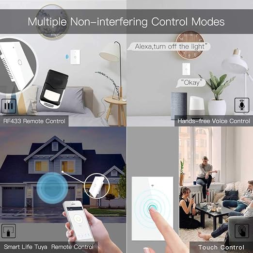 MoesGo WiFi RF433 Smart Touch Light Switch, No Neutral Wire, White 1 Gang | Single live wire design, 2.4GHz WiFi only, minimum load 5W, Smart Life Tuya app remote, works with Alexa and Google Home