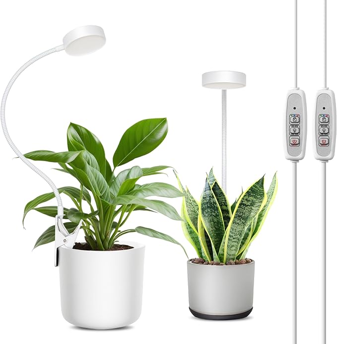 LORDEM Small Pot Clip Grow Light, Full Spectrum LED Plant Grow Lamp for Indoor Growing, Auto On/Off Timer 4/8/12H, Plant Light with 4 Dimmable Brightness Levels, Ideal for Small Indoor Plants, 2 Pack