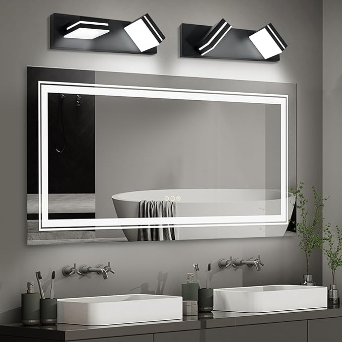 OKELI 2 Light Black Bathroom Vanity Light Over Mirror Modern LED Dimmable Bathroom Light Fixture Black 350° Rotatable Lamp Head 16W 6000K Cold White ETL Listed