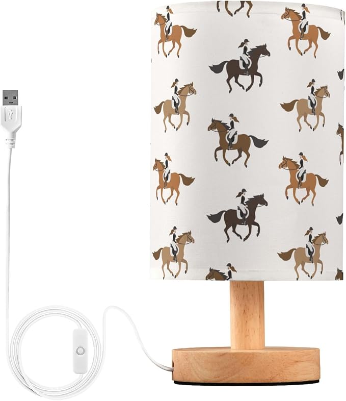 Table Lamp Cowgirl on Horse Pattern Nightstand Lamp with Wood Base Fabric Lamp Shade Bedside Desk Lamp for Living Room Bedroom Kids Room Office
