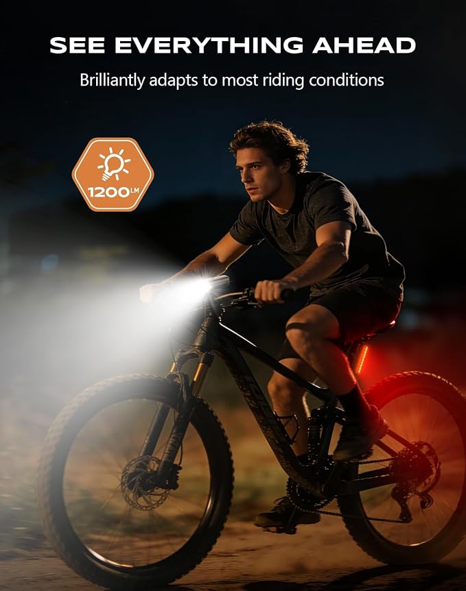 2026 New 1200LM Wide Angle Bike Lights for Night Riding, 3+5 Modes & IP65 Waterproof Bicycle Lights Front and Rear, Long-Lasting USB Rechargeable Sports Scooter Accessories for Men Women