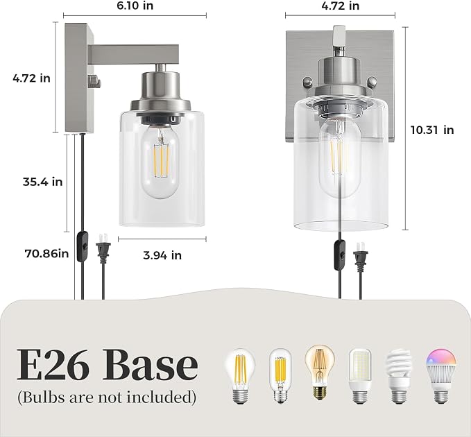 Plug in Wall Sconces Set of 2, Modern Corded Wall Sconce, Bedroom Wall Sconces with Clear Glass, Wall Decor Set of 2 Brushed Nickel Wall Lamps for Bedroom Living Room