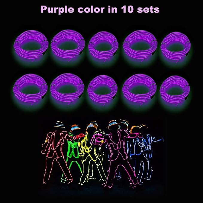 MaxLax EL Wire Purple 10-Pack, 9ft/2.75m Neon Light Wire with Noise Reduction and Battery Pack…