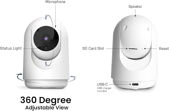 Feit Electric Indoor Security Camera with Motion Detection, 30ft. Night Vision, Pan and Tilt Head, 2.4GHz WiFi, 2-Way Audio, 1080p HD, Works with Alexa & Google Asst, Plug-in, White, CAM/PAN/WiFi/G2