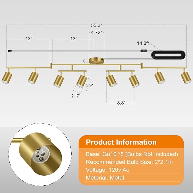 Plug in Track Lighting LED, Track Lighting Fixtures Ceiling, Gold 8-Light Kitchen Light Kit, Plug in Wall Light with 14.8ft Power Cord, Rotatable Ceiling Spotlight for Bedroom(GU10 Socket, NO Bulb)