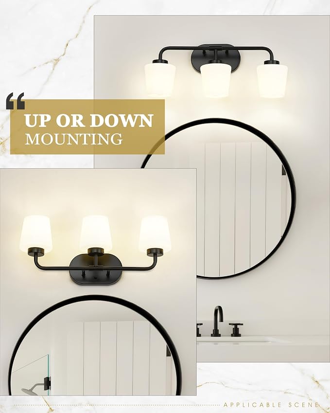 Bathroom Light Fixtures Over Mirror, 3-Light Matte Black Vanity Lighting Fixtures with Milk White Glass, Vintage Farmhouse Wall Sconces Lighting, AD-22004-3W-BK