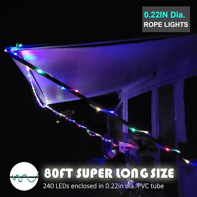 Rope Lights Outdoor, 80ft 240LEDs Rope Light, Waterproof String Lights for Christmas Garden Tree RV Patio Party Boho Decor (Multicolors)