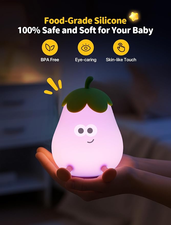 Eggplant Night Light for Kids, Cute Squishy Silicone Lamp, Rechargeable LED Nightlight, 3-Level Dimmable Bedside Lamp for Bedroom Kids Room Decor, Boys and Girls Gifts