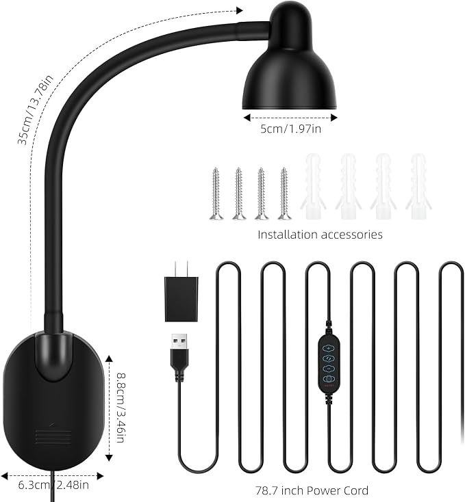 Wall Mounted Reading Light, LED Wall Bedside Lamp with Adapter Black | 5 Color 10 Brightness,Plug-in Adhesive Wall Reading Lights for Books in Bed, Auto-Off Timer Wall Lights for Bedroom Headboard