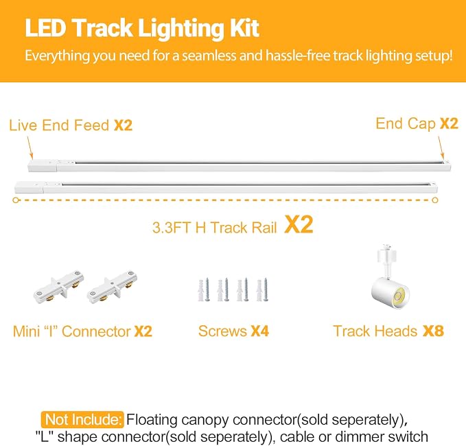 VANoopee 5-Color 8-Light LED Track Lighting Kit with Track Rails, White | 6.6FT H Type Track Lighting Rail, Dimmable Heads, Modern Kitchen Track Lighting Fixtures Ceiling Spotlight, CRI90+ 10W 800lm