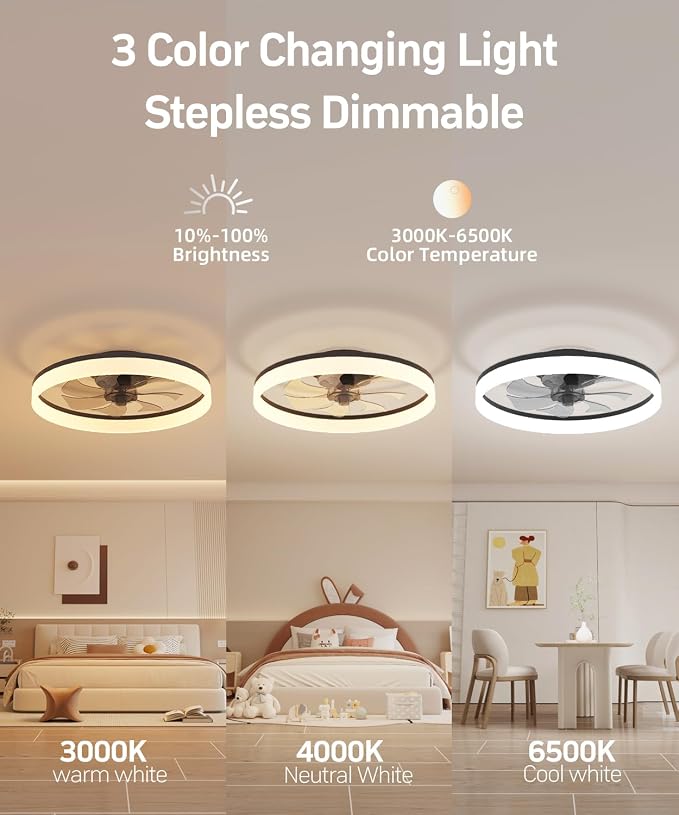 Smart Ceiling Fans with Light and Remote,20" Low Profile Ceiling Fan with 6-Speed & Dimmable LED, Alexa/APP Home Voice Control, App, Reversible Airflow, App Timer, for Bedroom（Black）
