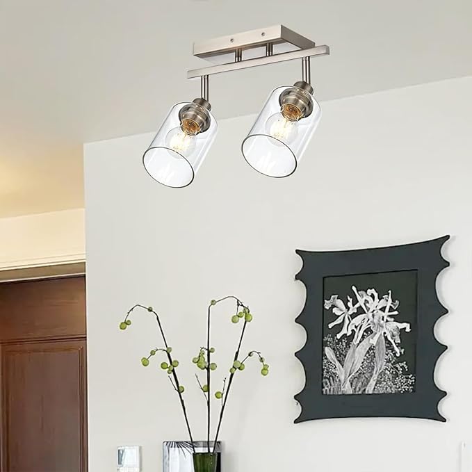 2 Light Track Lighting Fixtures Ceiling, Modern Brushed Nickel | Track Lighting Kit with Clear Glass, Bathroom Wall Scones, Rotatable Spotlight Ceiling Mount for Kitchen Hallway