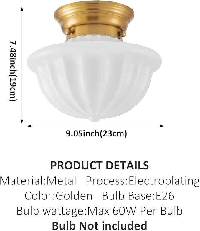 Schoolhouse Light Fixture Gold, 9" Modern Mid Century Semi Flush Mount Ceiling Light with Opal Milk Glass Shade for Bedroom, Kitchen, Dining Room, Bathroom, Hallway, Stairway, Entryway