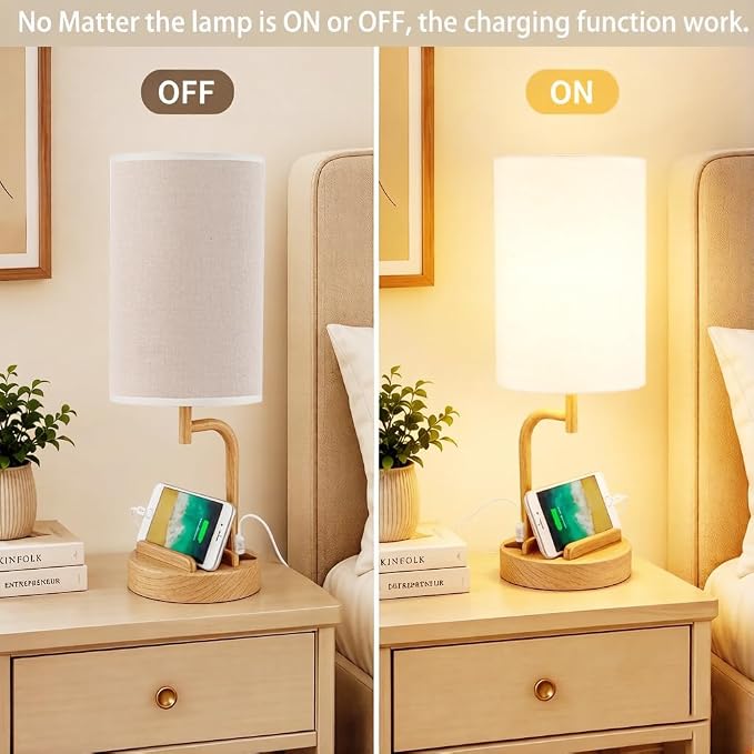 Dreamholder Touch Control USB Table Lamp with USB C/A & AC Outlet, 3-Way Dimmable Bedside Lamp, Modern Nightstand Lamps for Bedroom Living Room Guest Room Office, Bulb Included, Woodgrain