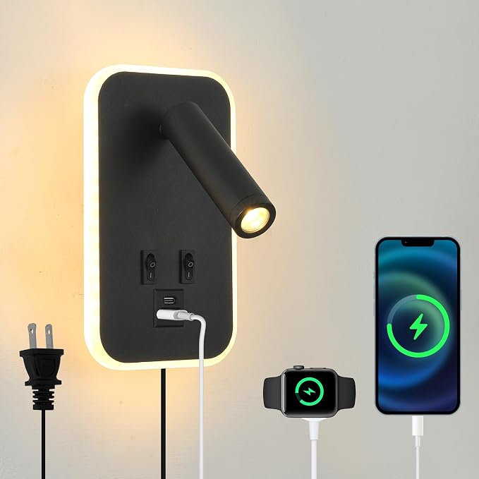 Wall Lamp with Wall Mounted Reading Lights,Modern Black Wall Sconce Plug in for Bedroom Living Room with Charging Station USB C+A Ports,Headboard Bedside Lamps with 3W+9W Night Light 3000K