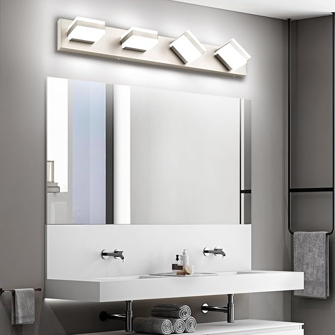 SOLFART Bathroom Vanity Lights Brushed Nickel LED Lighting, LED Bathroom Light for Bath, 4 Light Vanity Lighting Above Mirror Cool Light 6000K