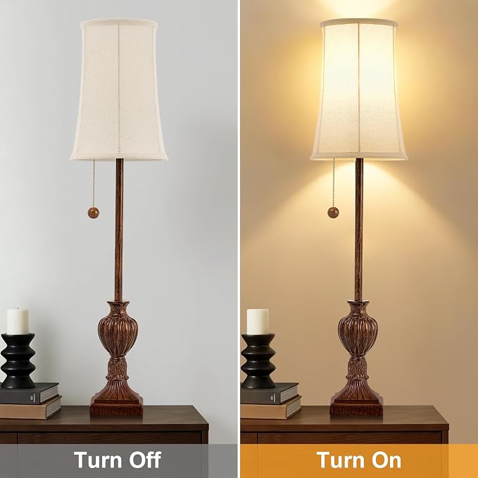 Buffet Table Lamps Set of 2 - 28" Tall Skinny Brown Resin Table Lamp for Living Room - Traditional Vintage Farmhouse Buffet Lamp with Pull Chain for Console Table,Dining Sideboard,Entryway,Bedroom