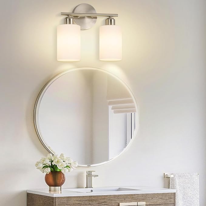 Brushed Nickel Bathroom Light Fixtures, 2-Light Modern Vanity Light Over Mirror, Wall Sconces with Milky White Frosted Glass Shades for Hallway, E26