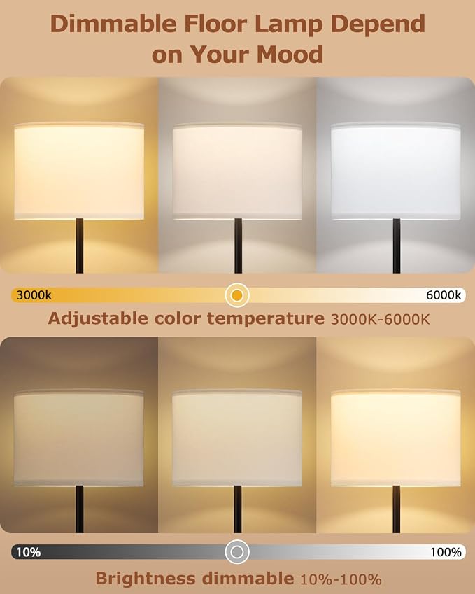 Dimmable Floor Lamp with Remote, 9W 900LM LED Bulb Included | White Shade Black Pole, Lamps for Living Room Bedroom