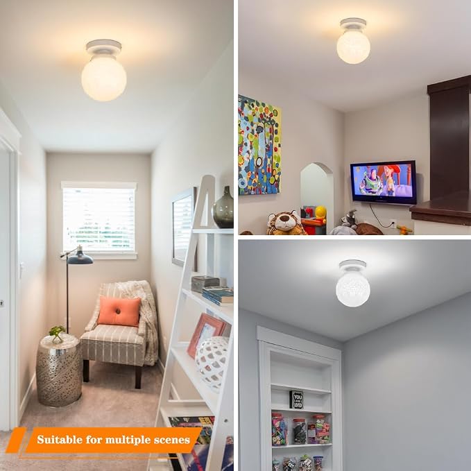 Semi Flush Mount Ceiling Light, White Hallway Light Fixture, Vintage Ceiling Lighting Fixture with Milky Glass, Globe Glass Close to Ceiling Light, Indoor Hanging Lighting for Bedroom Kitchen Porch