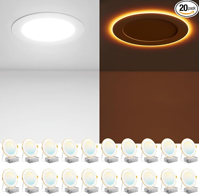 Amico 20 Pack 6 Inch LED Recessed Light with Night Light, 5CCT, 1100LM | Ultra-Thin Ceiling Light, 5%-100% Dimmable, No Flicker, 2700K-5000K, Canless Wafer Downlight with J-Box, 12W=110W, IC/ETL/FCC