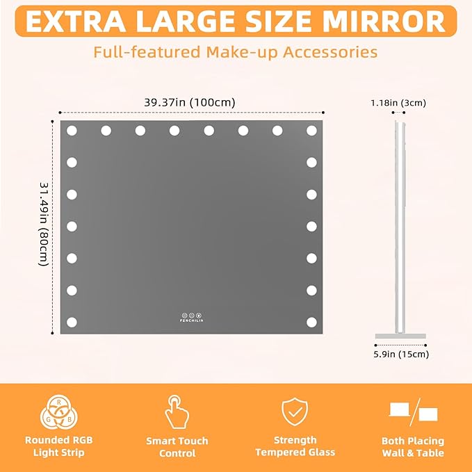 FENCHILIN Large Vanity Mirror with Lights 39''x32'', Backlit & Front Lit 20 LED Lighted Hollywood Vanity Makeup Mirror 3 Color Modes, Dimmer & Memory Function, Vanity Desktop/Wall-Hanging
