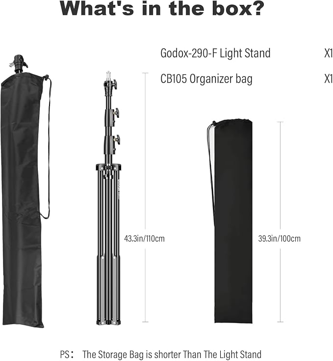 Godox Light Stand 112in/9.3' Photography Light Stand Heavy Duty with 1/4” to 3/8” Universal Screw Carry Bag Portable for Photography Studio Portrait Shooting