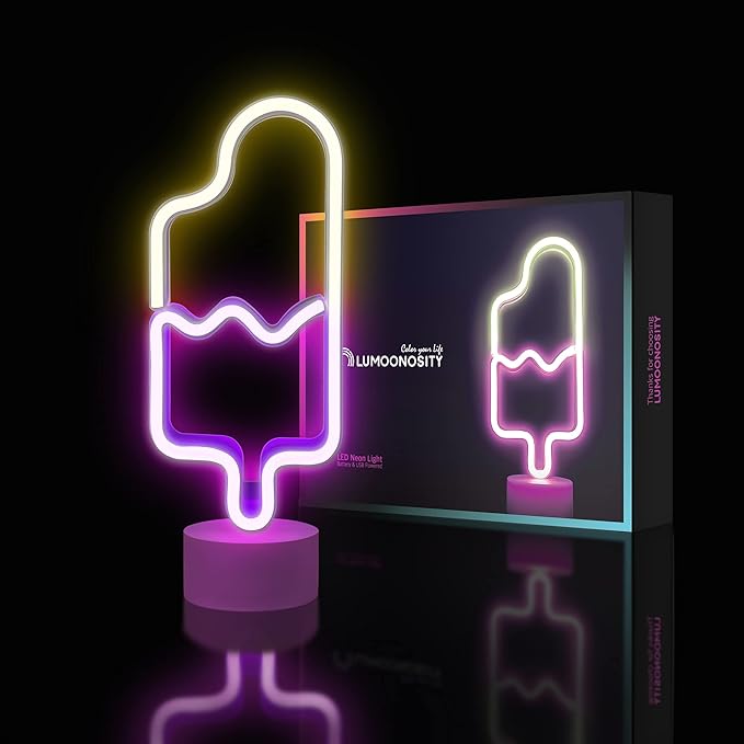 Lumoonosity Popsicle Neon Light - Popsicle Neon Sign for Bedroom, Desktop, Tabletop Decor - Battery/USB Powered Popsicle Lights - Ice Cream Night Light Lamp with Stand- Pink & Warm White Led Signs