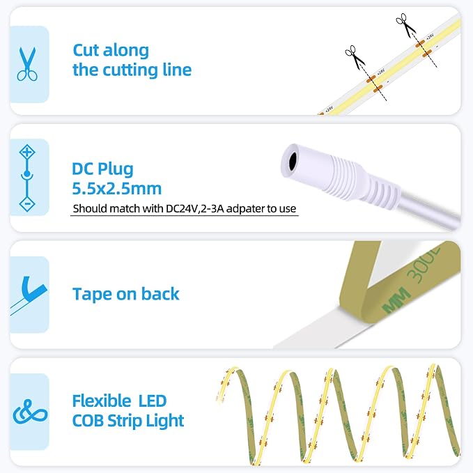 LED Strip Lights 24V COB, ICE Blue, 16.4ft (No Power Supply) | Dotless High Density, 14W/m, 8mm Width, Cuttable Flexible for Home DIY Commercial decoration projects