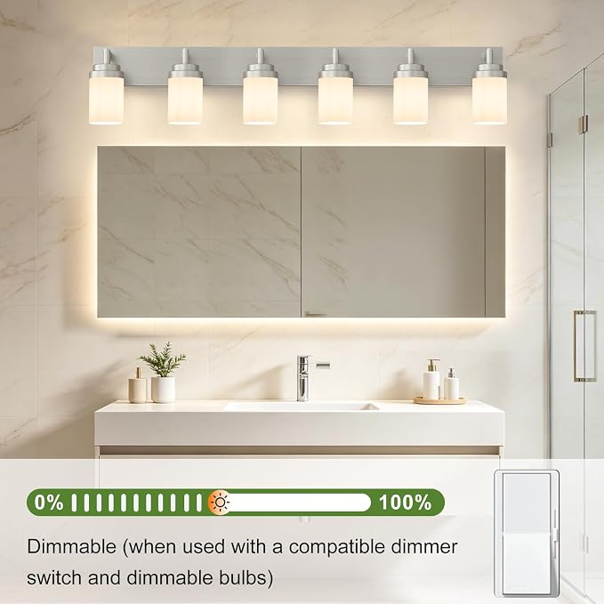 Bathroom Light Fixtures, Brushed Nickel Bathroom Lighting Fixtures Over Mirror, Modern Vanity Light with White Glass Shade, Restroom Lighting Fixtures, 6-Light 46-inch