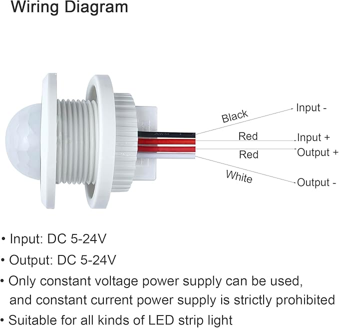 DC 12V/24V Motion Sensor Light Switch,PIR Smart Infrared Human Body Detection,Adjustable Delay & Light Sensitivity,for LED Strip Lights,Cabinets,Closets,Wardrobes,Pantry,Under-Bed Lighting