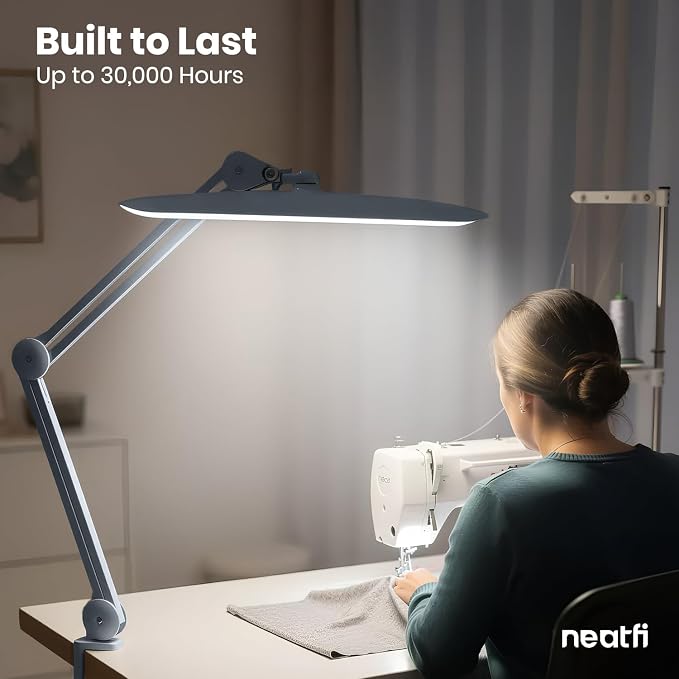 Neatfi XL 2200 Lumens 24W LED Desk Lamp – Shadow-Free Task Lighting | 4-Level Dimming | Home Office & Crafts Use | 20-Inch Wide Head (Gray, Non-CCT with Clamp)