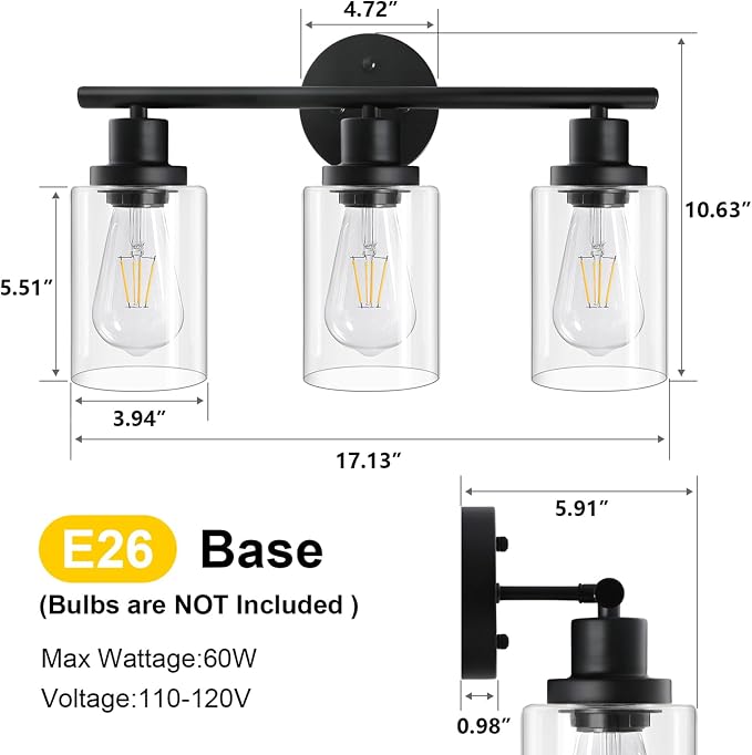 2 Pack Modern Bathroom Light Fixtures, 3 Light Vanity Lights, Black Wall Lamp with Clear Glass for Bathroom, Mirror, Living Room, Bedroom, Hallway, E26 Base