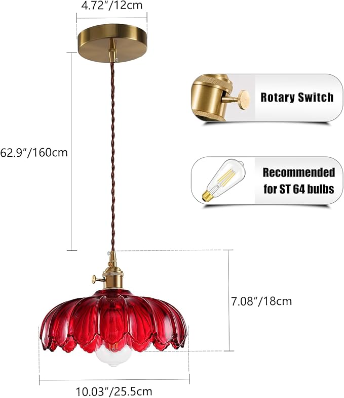 XZHGCEE Vintage Pendant Light Fixtures: Red Pendant Lights Kitchen Island, Glass Pendant Light, Modern Chandelier Pendant Red Light Fixture for Bedroom, Dining Room