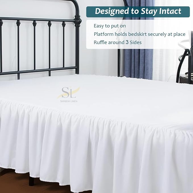 Shreem Linen Ruffled Bed Skirt with Split Corners, Gathered Style, 100% Microfiber, 16-Inch Drop, Dust Ruffle Bedskirt with Platform, Full, White