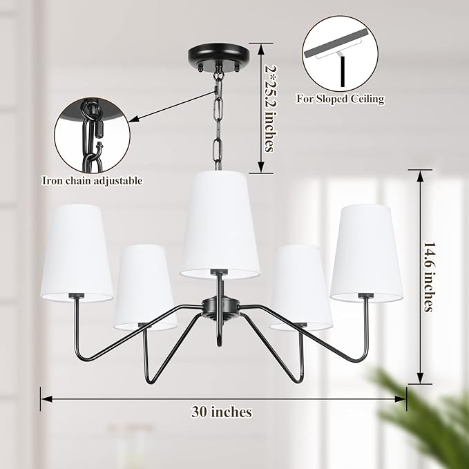 5-Light 30” Modern Chandelier with White Shades, Classic Pendant Ceiling Light Fixture for Dining Room, Black Chandelier with E12 Base Hanging Lamp for Living Room Hallway Bedroom, Height Adjustable