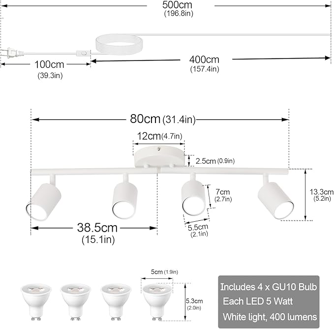 Plug in Track Lighting Kit, 80cm LED 4 Light Kitchen Track Lighting, Corded Wall Light with 16.4ft Cord, 4 Way Ceiling Spot Lighting Flexibly Rotatable Head Includes 4 x GU10 Bulb (4-White-80cm)