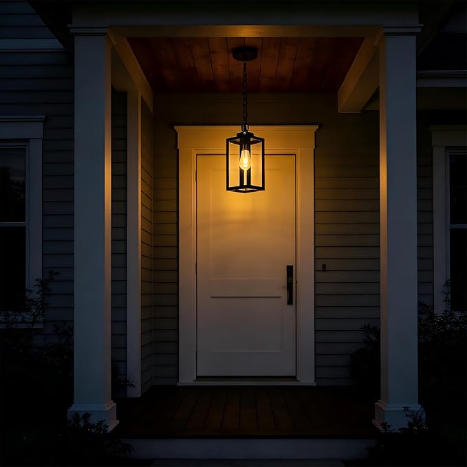 13" Dusk to Dawn Outdoor Pendant Light,Exterior Outside Chandelier Hanging Lantern Light, Matte Black with Clear Glass for Front Door,Porch, Gazebo, Garden.