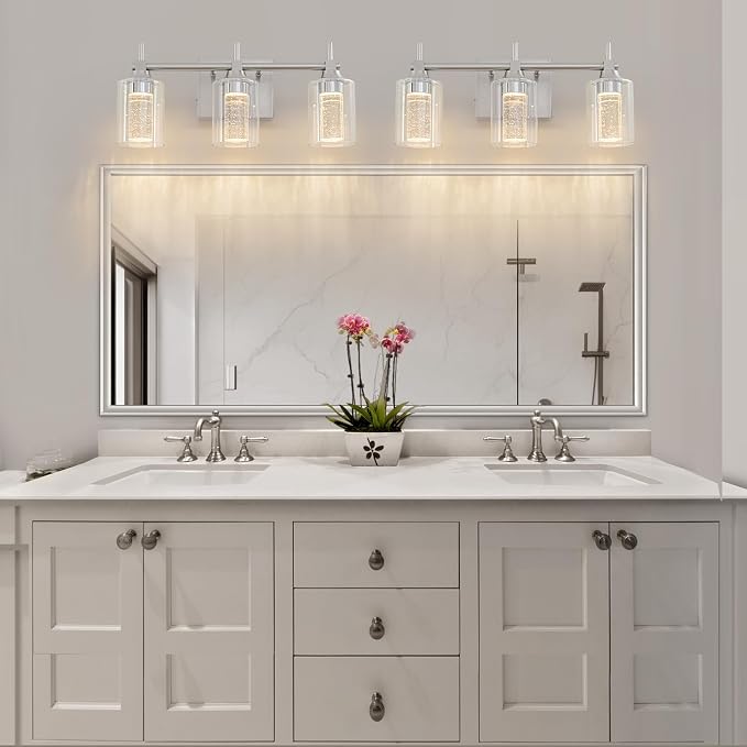 Vanity Light with 3 Color Modes (3000K/4000K/6000K), Eye Protection LED Bathroom Light Fixture, Dimmable Modern Wall Light Over Mirror with Clear Glass Shade (Brushed Nickel, 3-Light)